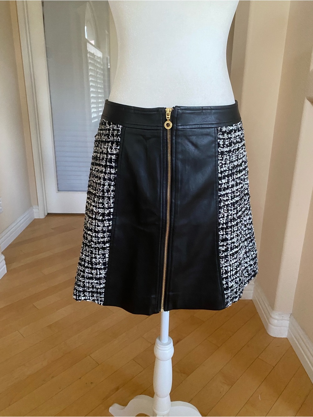 Black Vegan Leather & Black-and-White Tweed Mini Skirt with Gold Zip